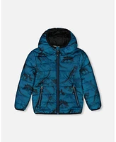 Deux par Baby Boys Printed Quilted Mid-Season Jacket Blue And Gray