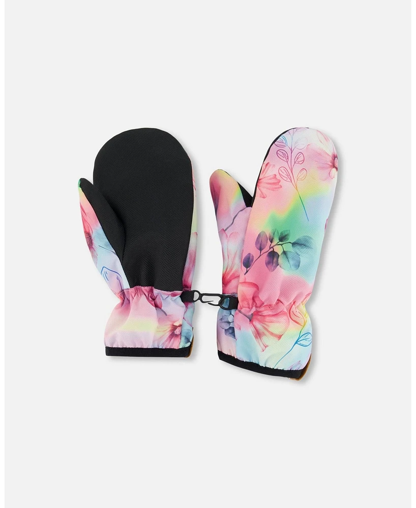 Deux par Deux Baby Girls Printed Mid-Season Mittens Flowers On Multicolored Background