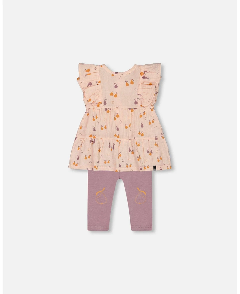 Deux par Baby Girls Printed Muslin Tunic And Organic Cotton Legging Set Peach With Pears Purple