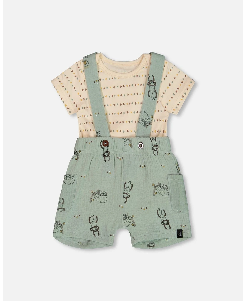 Deux par Baby Boys Printed Muslin Shortall And Organic Cotton Onesie Set Sage Monkey Off-White