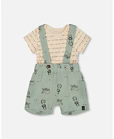 Deux par Baby Boys Printed Muslin Shortall And Organic Cotton Onesie Set Sage Monkey Off-White