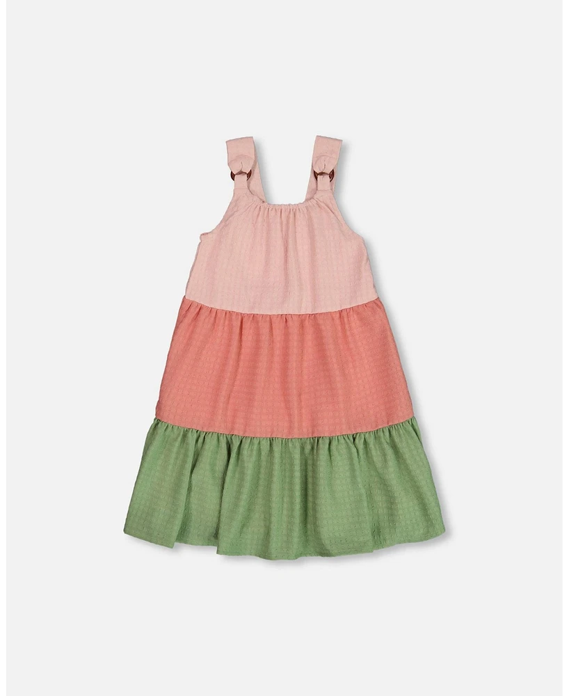 Deux par Big Girls Tiered Color Block Peasant Dress Peach Pink And Green