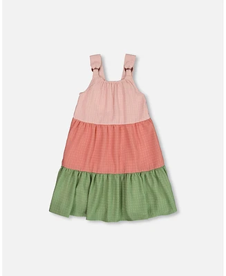 Deux par Big Girls Tiered Color Block Peasant Dress Peach Pink And Green