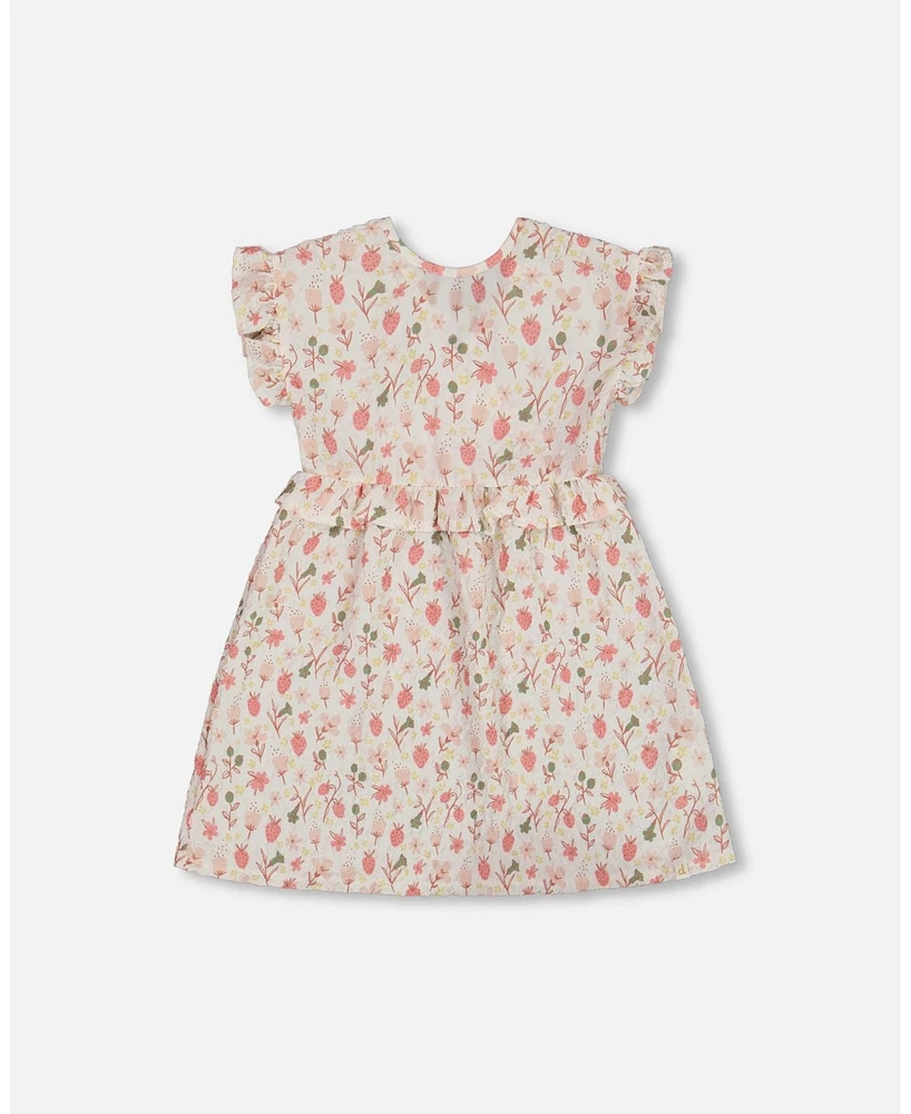 Deux par Big Girls Printed Seersucker Dress With Frill Pink Flowers On Cream Background