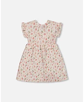 Deux par Big Girls Printed Seersucker Dress With Frill Pink Flowers On Cream Background