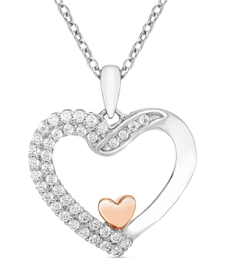 Diamond Double Row Two Heart 18" Pendant Necklace (1/4 ct. t.w.) in Sterling Silver & 10k Rose Gold