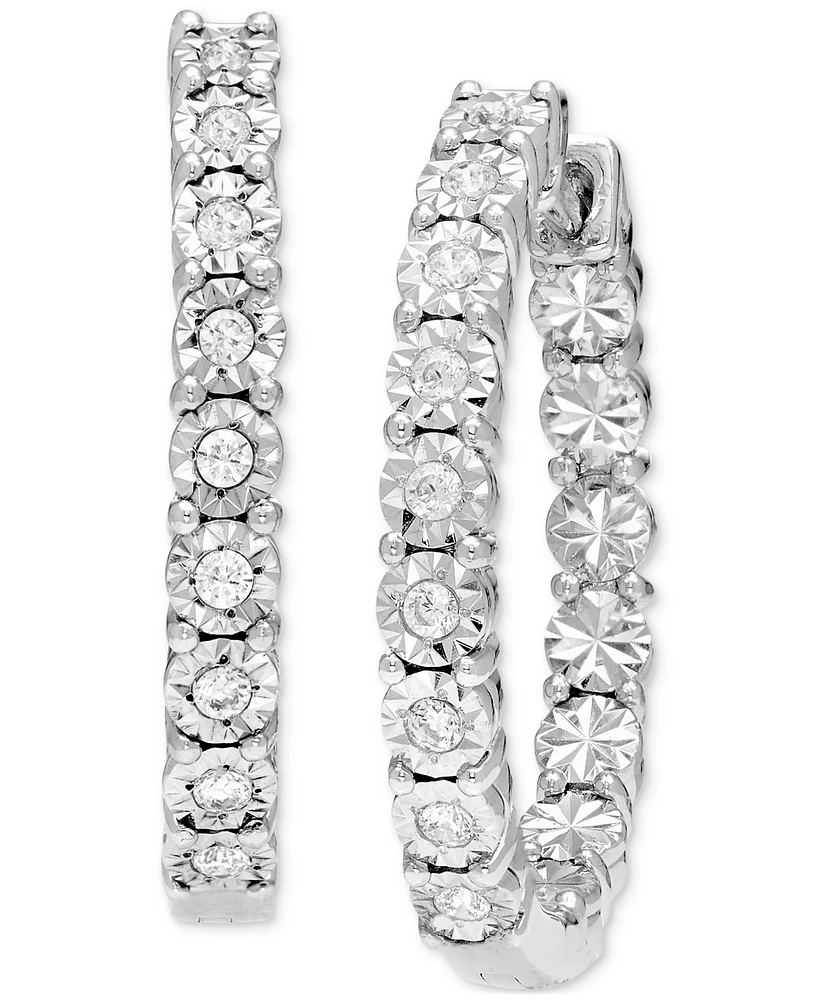 Diamond Sunray Textured Small Hoop Earrings (1/4 ct. t.w.) in Sterling Silver. 0.9"