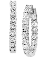 Diamond Sunray Textured Small Hoop Earrings (1/4 ct. t.w.) in Sterling Silver. 0.9"