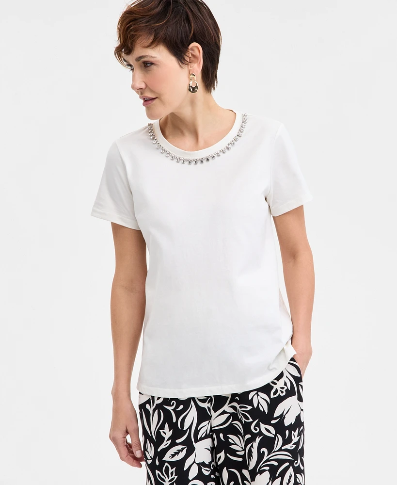 Jm Collection Women's Embellished Cotton Polished T-Shirt, Exclusively at Macys