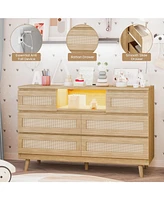 gaomon Natural Rattan Dresser for Bedroom with Led light and Charging Station