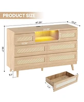 gaomon Natural Rattan Dresser for Bedroom with Led light and Charging Station