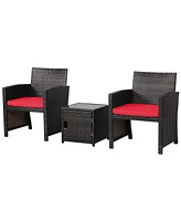 Gymax 3PCS Patio Pe Rattan Conversation Furniture Set Bistro Set w/ Waterproof Cover Red