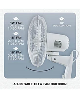 Hurricane Supreme 16 Inch 90 Degree Oscillating 3 Speed Wall Fan, White (2 Pack