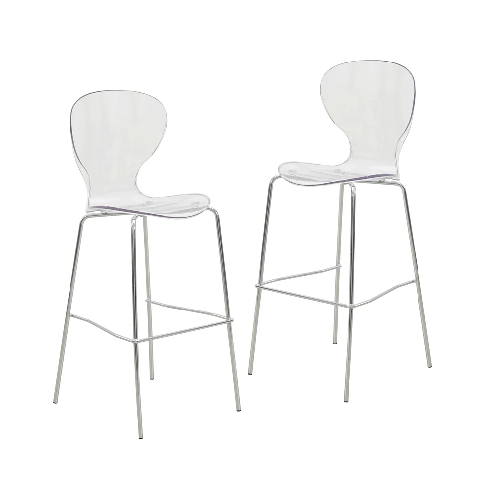 LeisureMod Oyster Acrylic Barstool with Steel Frame in Chrome Finish Set of 2 in Clear