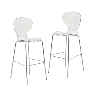 LeisureMod Oyster Acrylic Barstool with Steel Frame in Chrome Finish Set of 2 in Clear