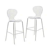 LeisureMod Oyster Acrylic Barstool with Steel Frame in Chrome Finish Set of 2 in Clear