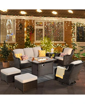Xizzi Outdoor Swivel Rocking Chairs Set, Patio Furniture Set with 50,000 Btu Rectangular Propane Fire Pit Table, 7 Pieces High Back Conversation Sofa