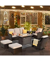 Xizzi Outdoor Swivel Rocking Chairs Set, Patio Furniture Set with 50,000 Btu Rectangular Propane Fire Pit Table, 7 Pieces High Back Conversation Sofa