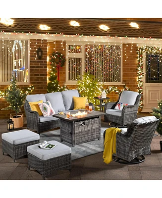 Xizzi Outdoor Swivel Rocking Chairs Set, Patio Furniture Set with 50,000 Btu Rectangular Propane Fire Pit Table, 7 Pieces High Back Conversation Sofa