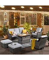 Xizzi Outdoor Swivel Rocking Chairs Set, Patio Furniture Set with 50,000 Btu Rectangular Propane Fire Pit Table, 7 Pieces High Back Conversation Sofa