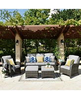 Xizzi Outdoor Furniture Patio Conversation Set 5 Pieces All Weather Wicker High Back Couch with Ottomans