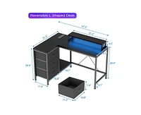 gaomon L Shaped Desk with Power Outlets & Led Lights, Computer Desk with Drawers & Shelves