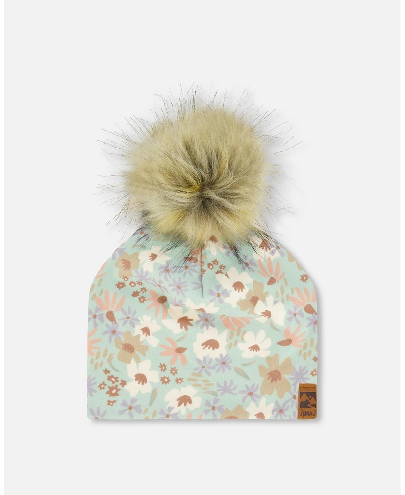 Deux par Girl Printed Jersey Detachable Pompom Hat Small White Flowers On Turquoise And Lilac - Toddler|Child