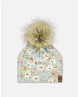 Deux par Girl Printed Jersey Detachable Pompom Hat Small White Flowers On Turquoise And Lilac - Toddler|Child