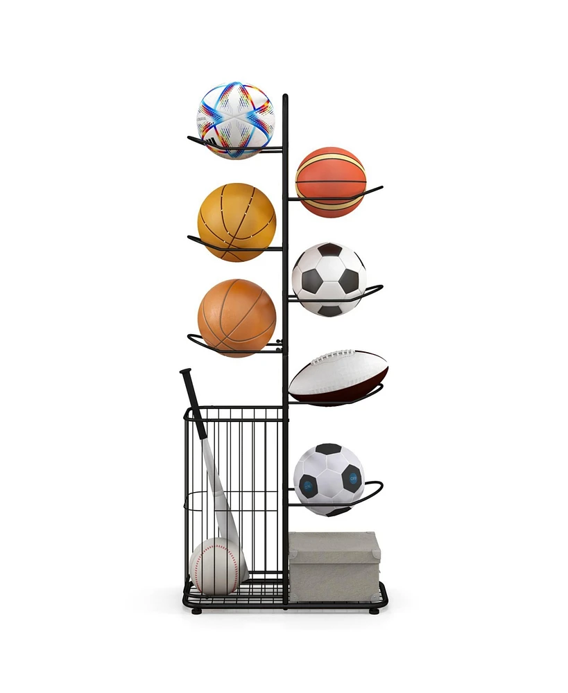 Kuyotq Metal Basketball Holder with 7 Removable Hanging Rods and Side Ball Basket