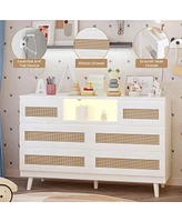 gaomon Natural Rattan Dresser for Bedroom with Led light and Charging Station