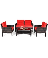 Gymax 4PCS Rattan Patio Conversation Set Red Cushioned Outdoor Furniture Set