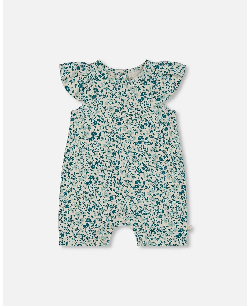 Deux par Baby Girls Printed Organic Cotton Romper With Frills Small Turquoise Flowers