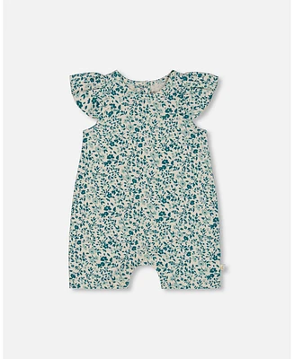 Deux par Baby Girls Printed Organic Cotton Romper With Frills Small Turquoise Flowers