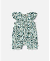 Deux par Baby Girls Printed Organic Cotton Romper With Frills Small Turquoise Flowers