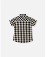 Deux par Baby Boys Short Sleeve Button Down Shirt Black And Beige Plaid