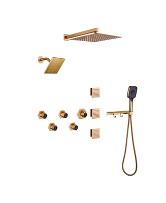 Luxury Thermostatic Shower System with Handheld Head Faucet Set Shelf and Hook Body Jets, Brushed