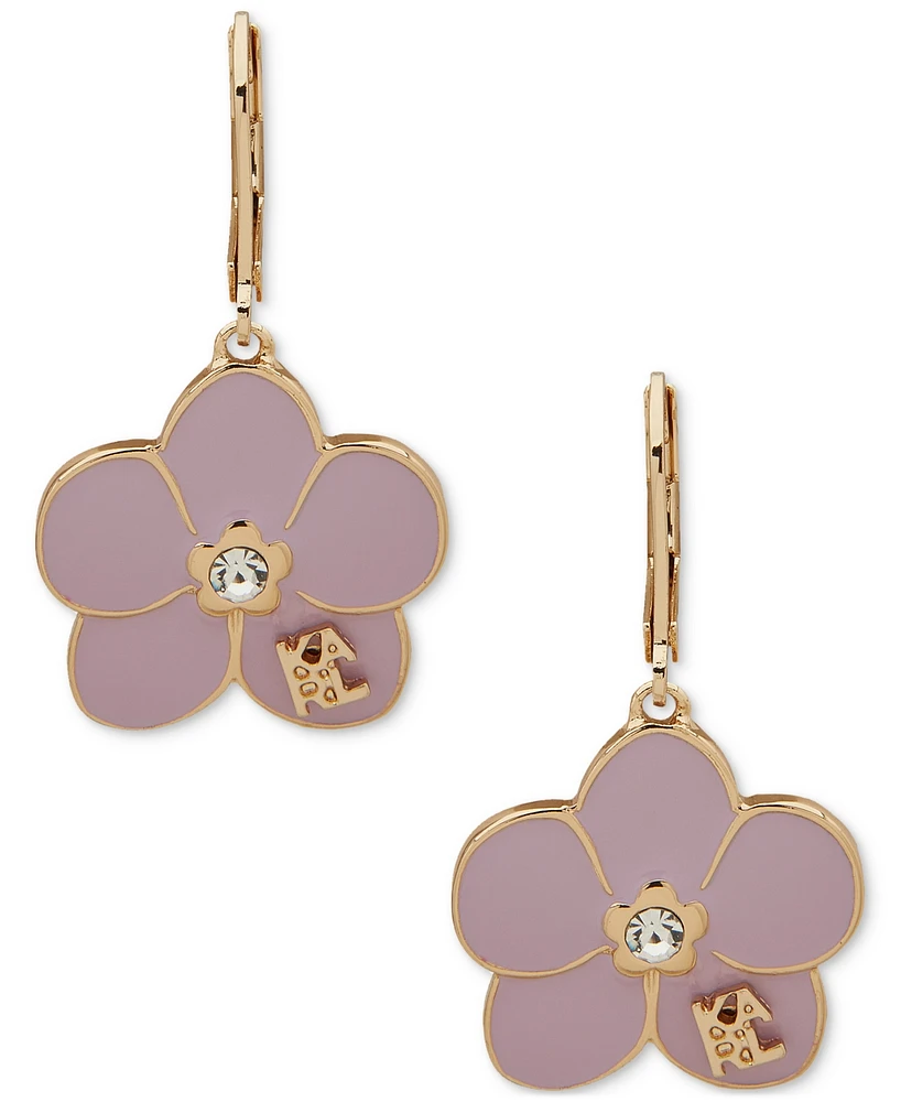 Karl Lagerfeld Paris Gold-Tone Purple Enamel Flower Logo Drop Earrings - Pe Enamel Flower Drop