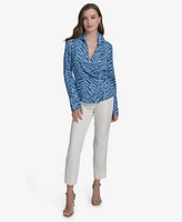 Halston Women's Printed Faux-Wrap Collared Blouse