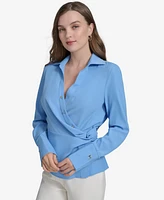 Halston Women's Faux-Wrap Side-Knot Long-Sleeve Blouse