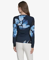 Halston Women's Printed Side-Knot Long-Sleeve Top