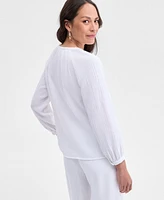 Jm Collection Women's Cotton Gauze Split-Neck Beaded Top, Exclusively at Macy's