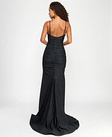 Say Yes Juniors' Studded Cowlneck Ruched Floor-Sweeping Gown, Created for Macy's