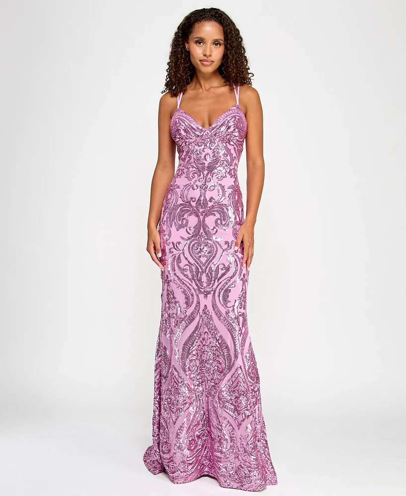 B Darlin Juniors' Sequin-Pattern Lace-Up V-Neck Gown, Created for Macy's