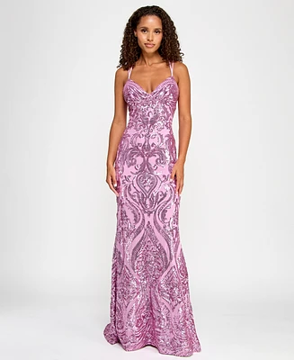 B Darlin Juniors' Sequin-Pattern Lace-Up V-Neck Gown, Created for Macy's