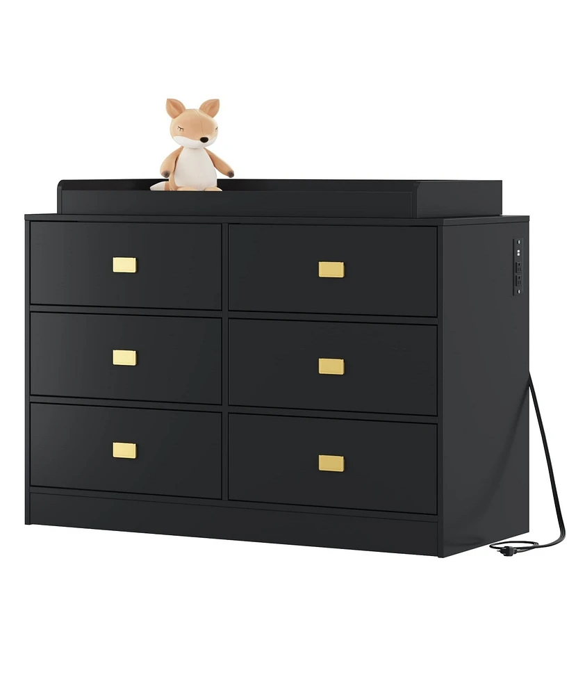 gaomon Dresser for Bedroom with 6 Drawers, Changing Table Top, Nursery Diaper Station Baby Power