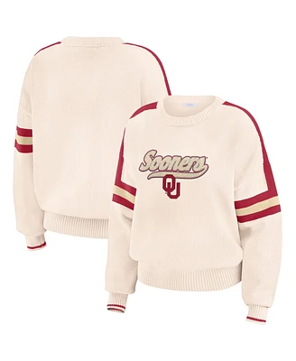 Wear by Erin Andrews Women's Cream Oklahoma Sooners Chenille Woven Patch Stripe Pullover Sweater