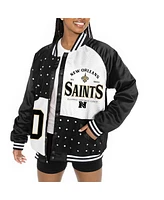 Gameday Couture Women's Black/White New Orleans Saints Oversized Hot Shot Rhinestone Throwback Full-Snap Varsity Bomber Jacket