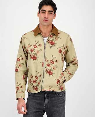 Sun + Stone Men's Sean Long Sleeve Corduroy-Collar Zip-Front Floral Jacket, Exclusively at Macy's