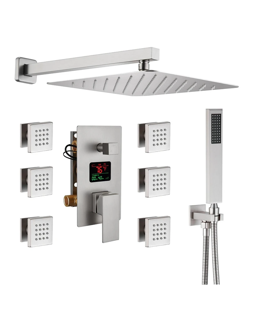 Boyel Living Brushed Nickel Wall Mount Thermostatic Rain Shower System with Handheld Side Body Jets and Digital Display