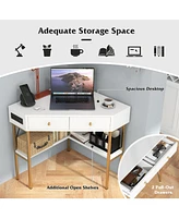 Gouun Triangle Corner Desk with Charging Station with 2 Drawers and Storage Shelf